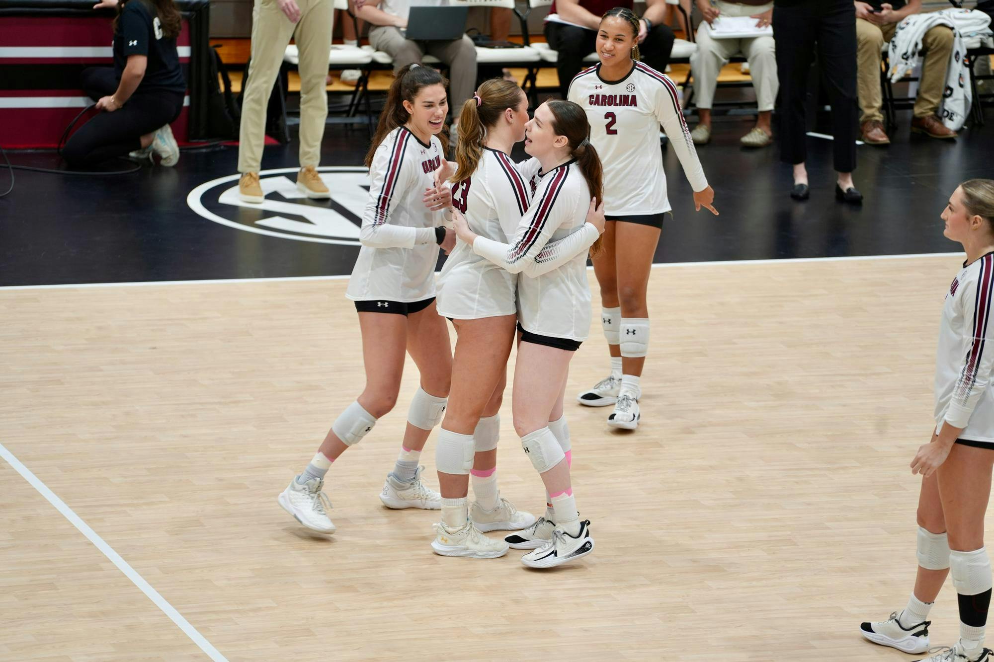 South Carolina players celebrate a point during the team’s match against Alabama on Oct. 19, 2025, at the Carolina Volleyball Center. Despite their efforts, the Gamecocks were swept by the Crimson Tide, 3-0.&nbsp;