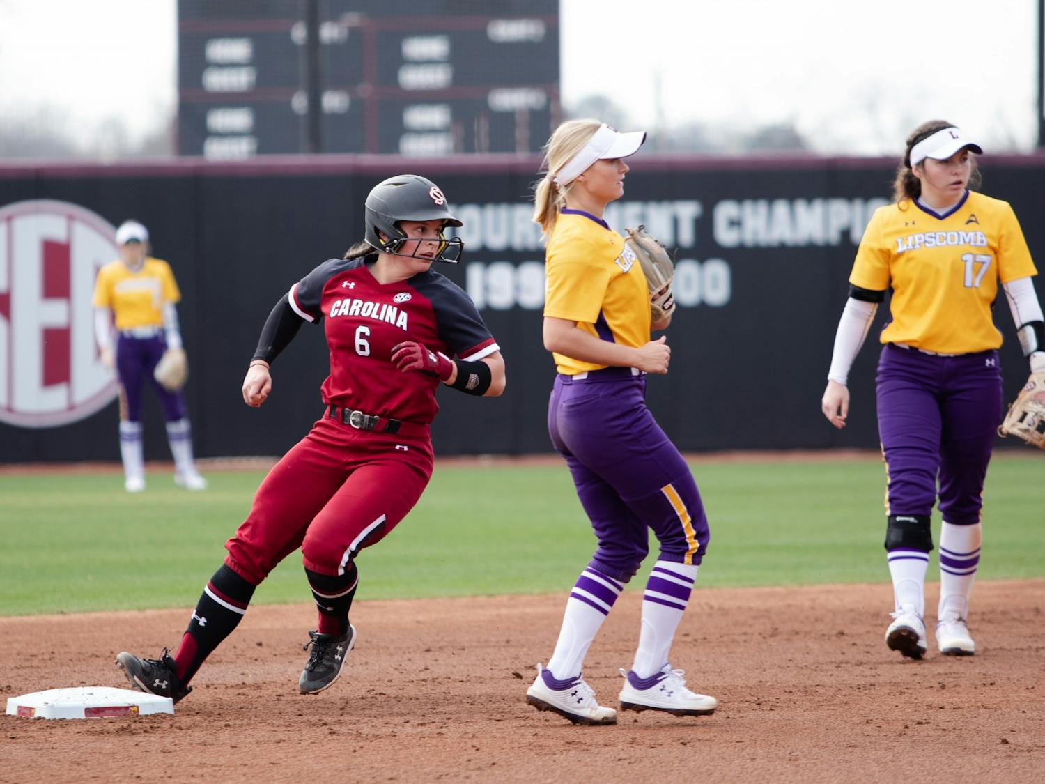 Senior catcher Jordan Fabian looks back to her teammates as she taps second base during a game against Lipscomb on Saturday, Feb. 12, 2022 in Columbia, SC