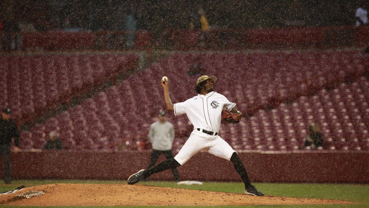 Fifth-year pitcher Ty Good throws the ball during South Carolina's matchup against Gardner-Webb on Feb. 27, 2024. Light rain showers persisted throughout the Gamecocks' 7-1 victory over the Runnin' Bulldogs, extending the game for nearly 20 minutes.