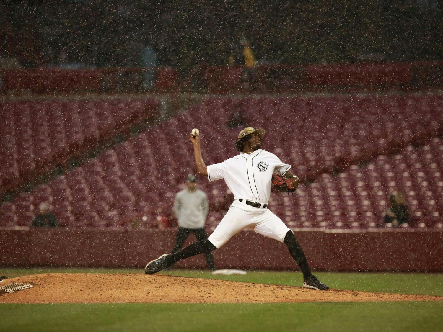 Fifth-year pitcher Ty Good throws the ball during South Carolina's matchup against Gardner-Webb on Feb. 27, 2024. Light rain showers persisted throughout the Gamecocks' 7-1 victory over the Runnin' Bulldogs, extending the game for nearly 20 minutes.