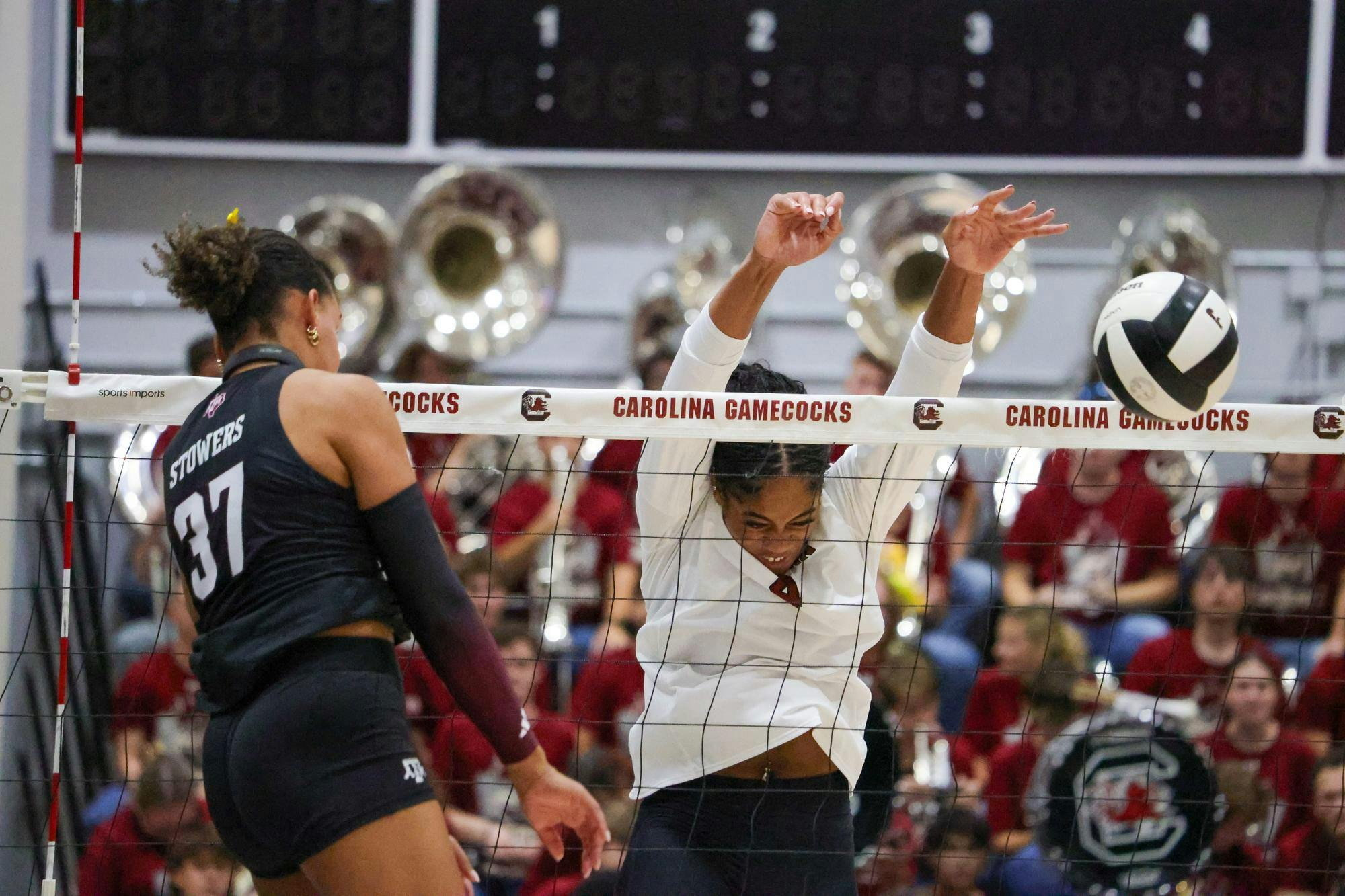 Junior right side hitter Laiya Ebo attempts a block at the net during South Carolina’s match against Texas A&amp;M at the Carolina Volleyball Center on Wednesday, Oct. 1, 2025. Ebo finished the match with three kills and four blocks.