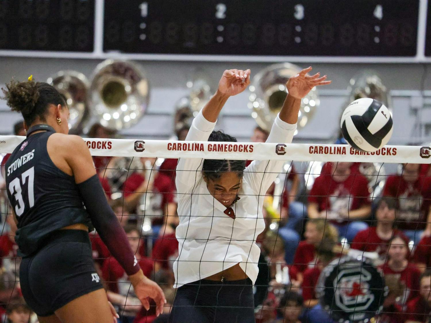 Junior right side hitter Laiya Ebo attempts a block at the net during South Carolina’s match against Texas A&M at the Carolina Volleyball Center on Wednesday, Oct. 1, 2025. Ebo finished the match with three kills and four blocks.