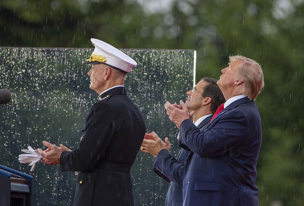 President Donald Trump watches a flyover on Thursday, July 4, 2019, in Washington, D.C. Trump is holding a &quot;Salute to America&quot; celebration on the National Mall on Independence Day with musical performances, a military displays, and fireworks. (Tasos Katopodis/Getty Images/TNS) **FOR USE WITH THIS STORY ONLY**