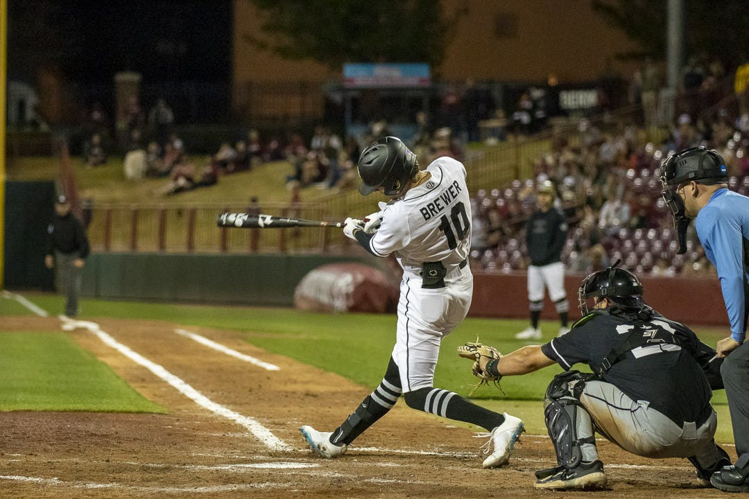 Senior outfielder Dylan Brewer battles at the plate against USC Upstate's pitcher before launching a home run for the Gamecocks on April 11, 2023, at Founders Park. The Gamecocks beat the Spartans 7-2.