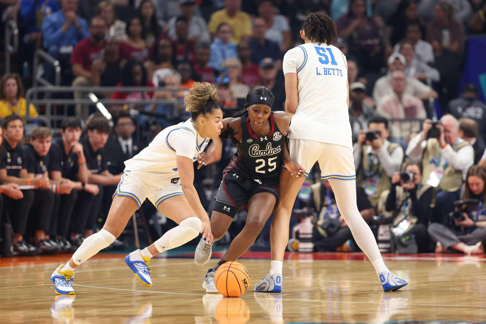 Senior guard Raven Johnson is screened by senior center Lauren Betts during the championship game between South Carolina and UCLA on April 5, 2026. Johnson made one free throw and one field goal to total 3 points in the game.