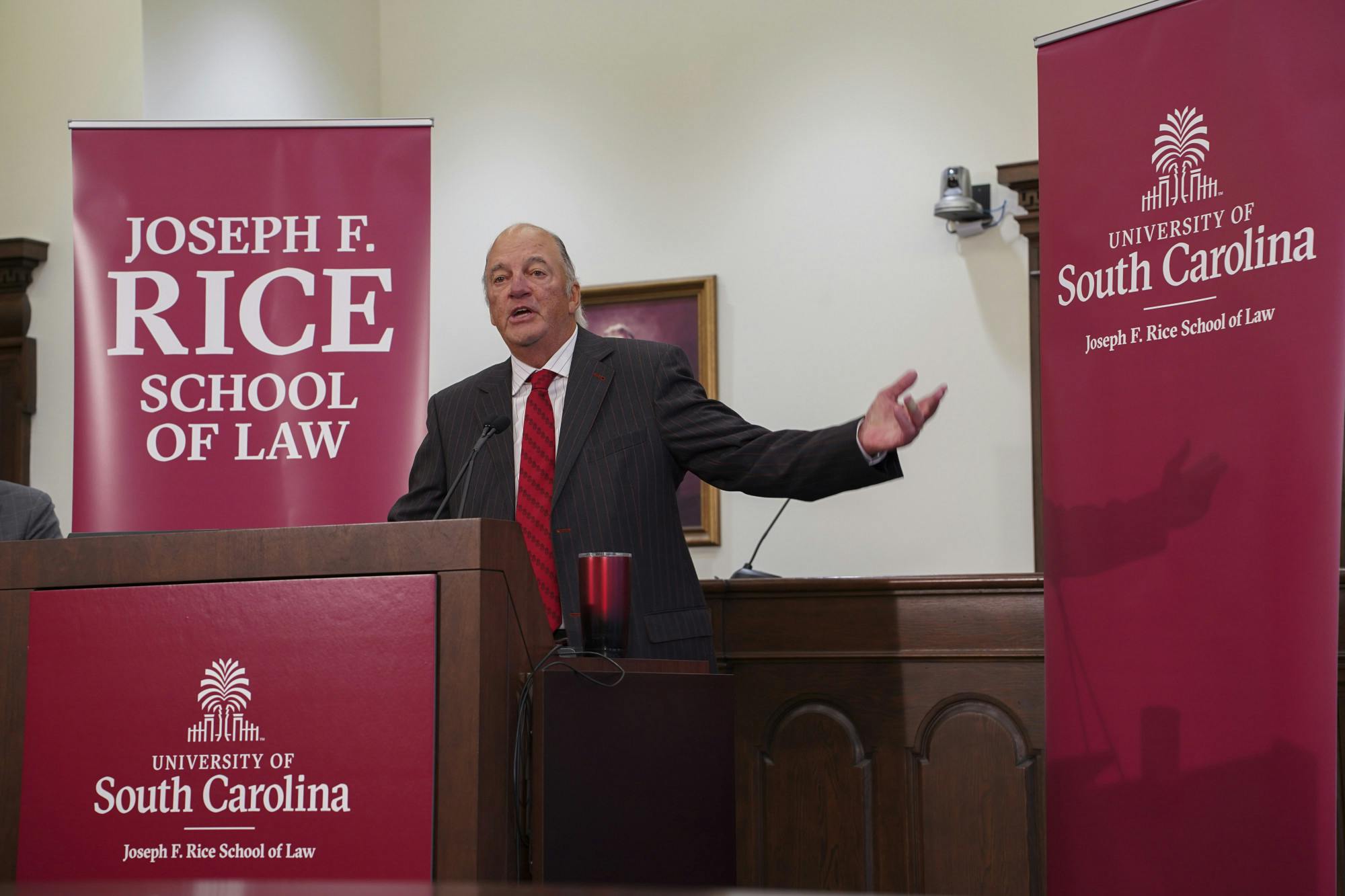 Lawyer Joseph F. Rice speaks during an unveiling ceremony of the USC School of Law's new name on Nov. 10, 2023. The university accepted a $30 million donation from Rice that will partially go towards funding scholarships for students.