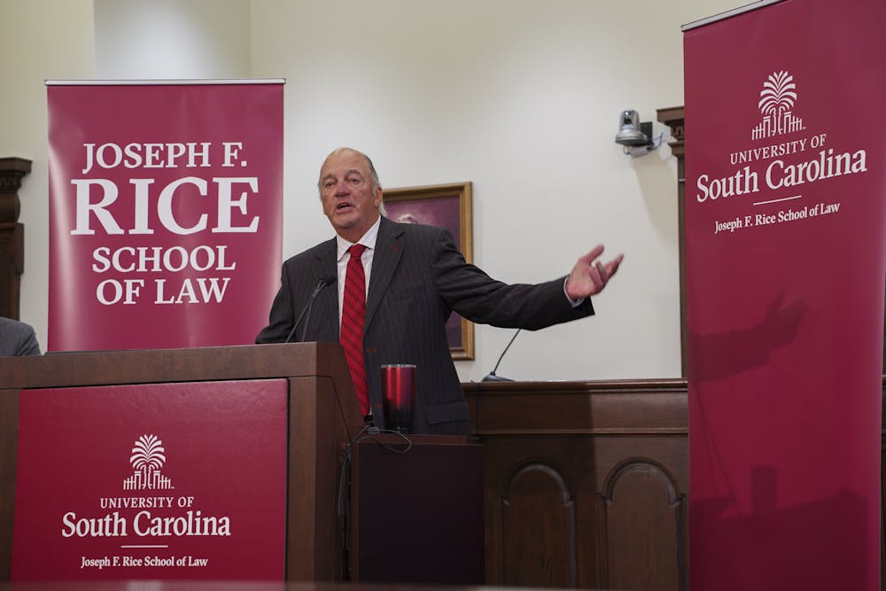 <p>Lawyer Joseph F. Rice speaks during an unveiling ceremony of the USC School of Law's new name on Nov. 10, 2023. The university accepted a $30 million donation from Rice that will partially go towards funding scholarships for students.</p>