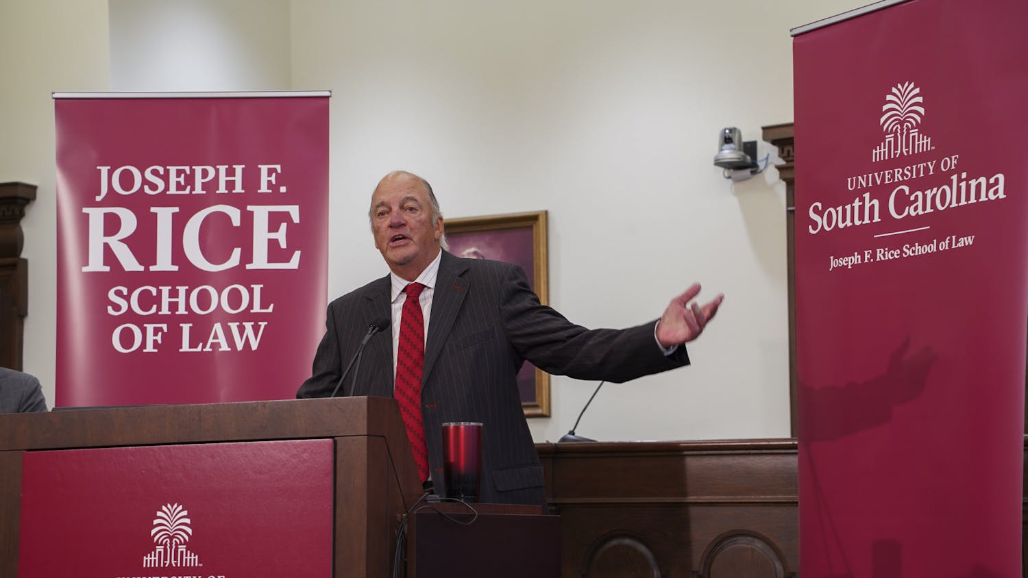 Lawyer Joseph F. Rice speaks during an unveiling ceremony of the USC School of Law's new name on Nov. 10, 2023. The university accepted a $30 million donation from Rice that will partially go towards funding scholarships for students.