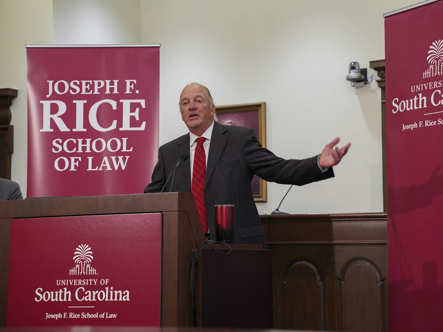 Lawyer Joseph F. Rice speaks during an unveiling ceremony of the USC School of Law's new name on Nov. 10, 2023. The university accepted a $30 million donation from Rice that will partially go towards funding scholarships for students.