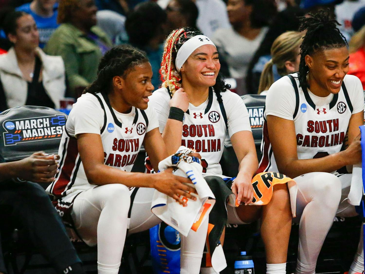 Freshman guard MiLaysia Fulwiley, senior guard Te-Hina Paopao and sophomore forward Ashlyn Watkins share a laugh during South Carolina’s game against Presbyterian in round one of the 2024 NCAA Women’s Tournament on March 22, 2024, at Colonial Life Arena. The Gamecocks advanced to round two of the tournament following a 91-39 win against the Blue Hose.
