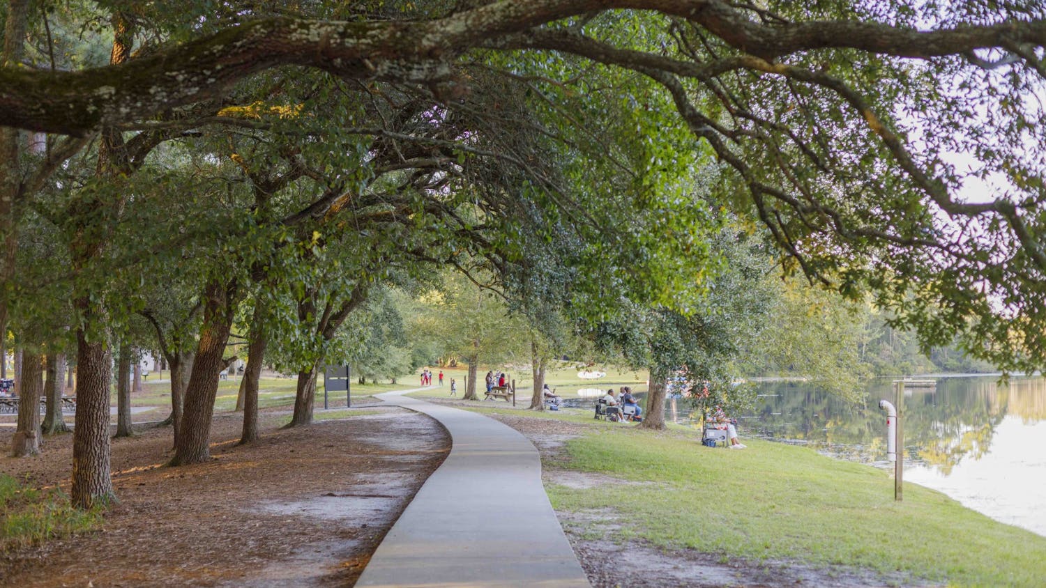 People sit, read, talk and enjoy the South Carolina weather along a paved path through Sesquicentennial State park.&nbsp;