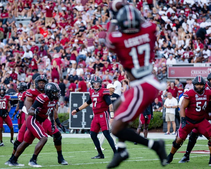 Redshirt Junior Quarterback Spencer Rattler completes a pass to Senior Wide Receiver Xavier Legette during the match against Georgia State University on September 3, 2022. The Gamecocks beat the Panthers 35-14.