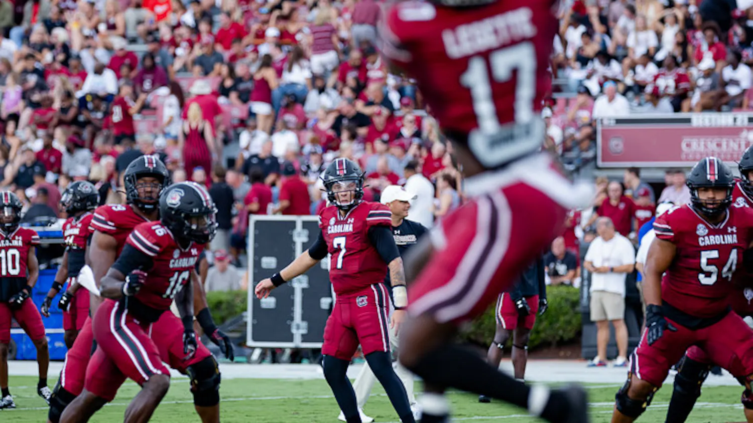Redshirt Junior Quarterback Spencer Rattler completes a pass to Senior Wide Receiver Xavier Legette during the match against Georgia State University on September 3, 2022. The Gamecocks beat the Panthers 35-14.