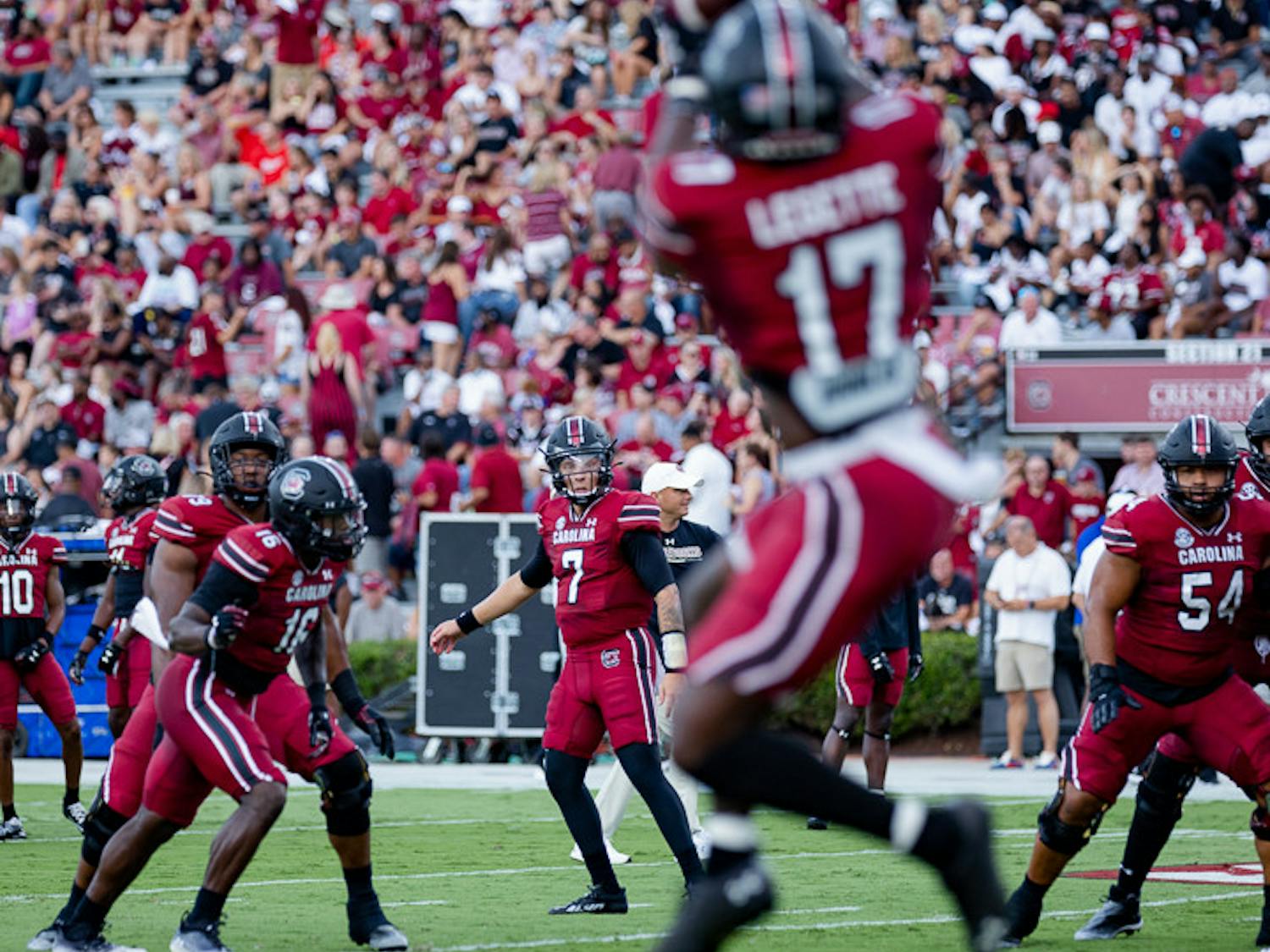 Redshirt Junior Quarterback Spencer Rattler completes a pass to Senior Wide Receiver Xavier Legette during the match against Georgia State University on September 3, 2022. The Gamecocks beat the Panthers 35-14.
