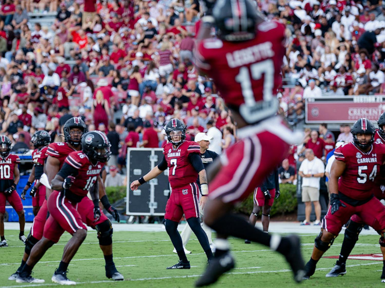 Redshirt Junior Quarterback Spencer Rattler completes a pass to Senior Wide Receiver Xavier Legette during the match against Georgia State University on September 3, 2022. The Gamecocks beat the Panthers 35-14.