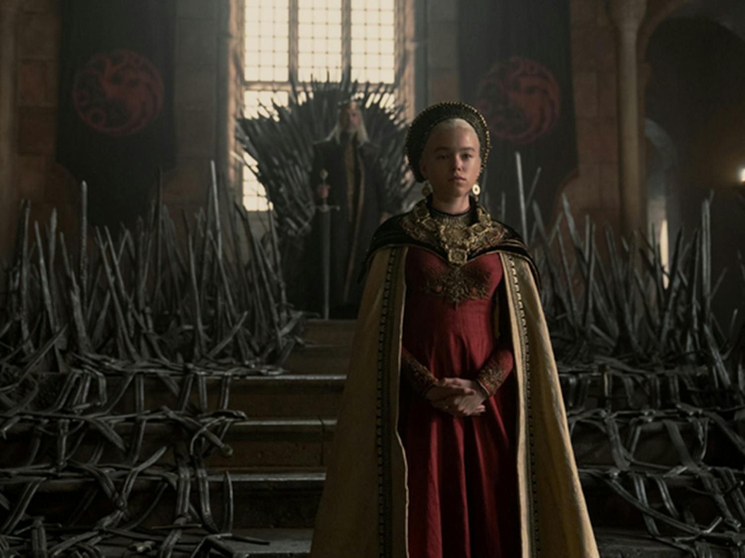 Milly Alcock, foreground, with Paddy Considine in “House of the Dragon.” (Ollie Upton/HBO/TNS)