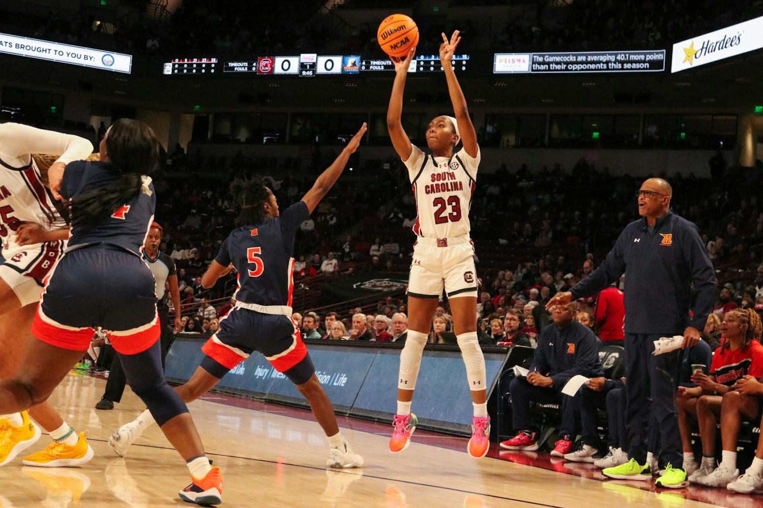Junior guard Bree Hall tries a 3-pointer to extend the ɫɫƵs' lead against Morgan State on Dec. 6, 2023. Hall is averaging 9.3 points per game as a starter in South Carolina's first eight games of the season.
