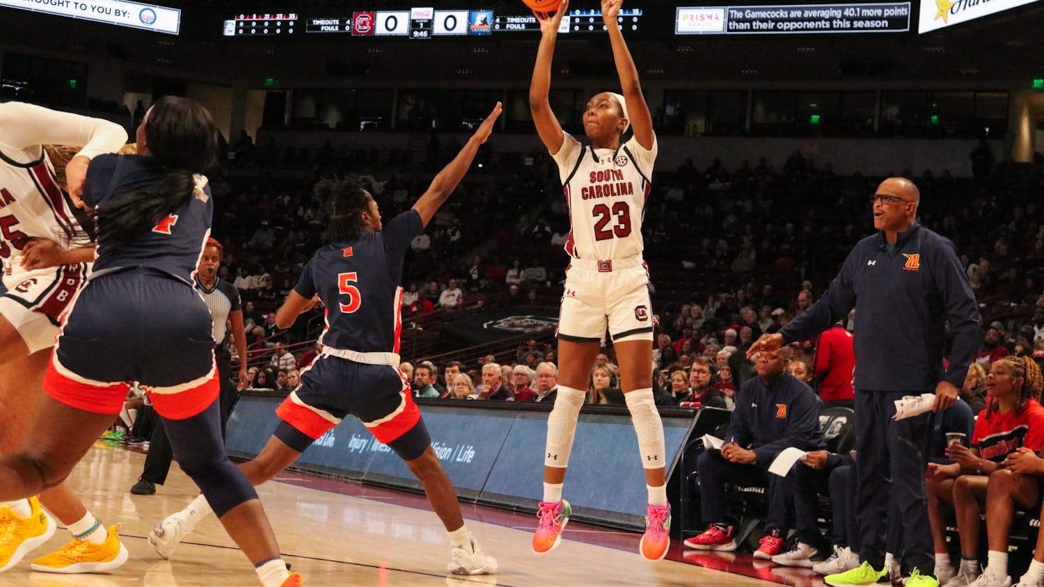 Junior guard Bree Hall tries a 3-pointer to extend the Gamecocks' lead against Morgan State on Dec. 6, 2023. Hall is averaging 9.3 points per game as a starter in South Carolina's first eight games of the season.
