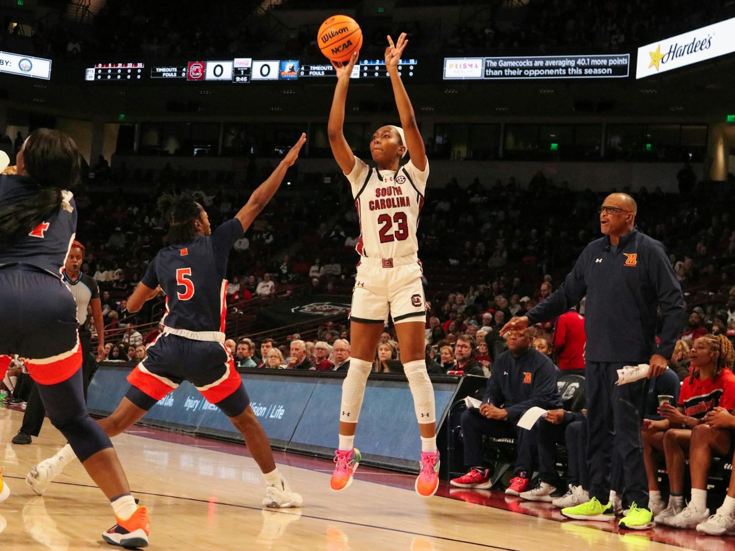 Junior guard Bree Hall tries a 3-pointer to extend the Gamecocks' lead against Morgan State on Dec. 6, 2023. Hall is averaging 9.3 points per game as a starter in South Carolina's first eight games of the season.