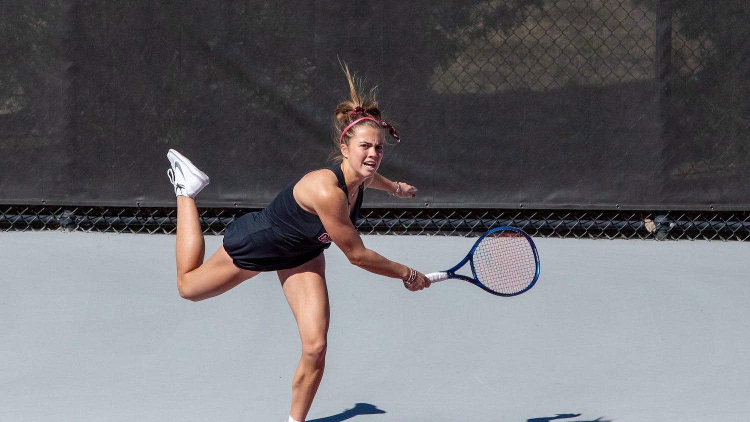 Freshman Sarah Hamner serves during a singles match against Clemson on Sunday, Feb. 20, 2022. The Gamecocks won both matches of the doubleheader, beating Clemson 4-2, and Charleston Southern 6-1. 