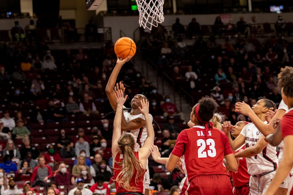 <p>Freshman guard Saniya Rivers goes in for layup against Alabama on Thursday Feb. 3, 2022. South Carolina beat the Crimson Tide 83-51.&nbsp;</p>