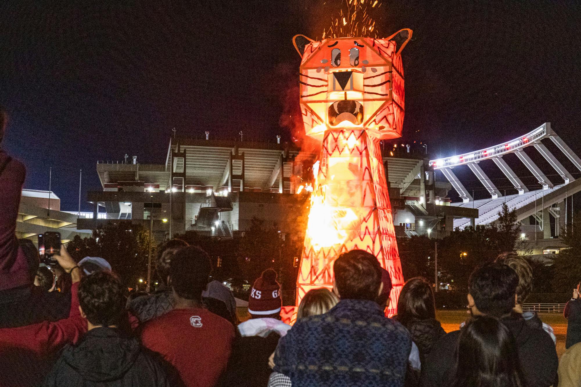 Students watch as a giant wood and steel-beam Tiger bursts in flames during the USC Tiger Burning Ceremony on Nov. 21, 2022. The Gamecocks went on to beat Clemson 31-30 for the first time since 2013.