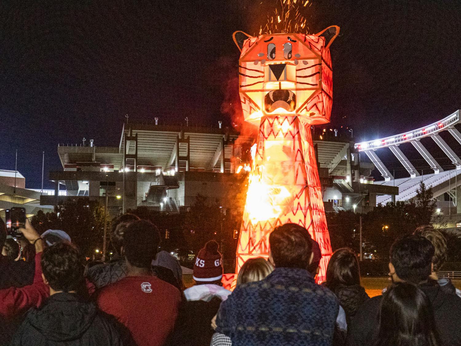 Students watch as a giant wood and steel-beam Tiger bursts in flames during the USC Tiger Burning Ceremony on Nov. 21, 2022. The Gamecocks went on to beat Clemson 31-30 for the first time since 2013.