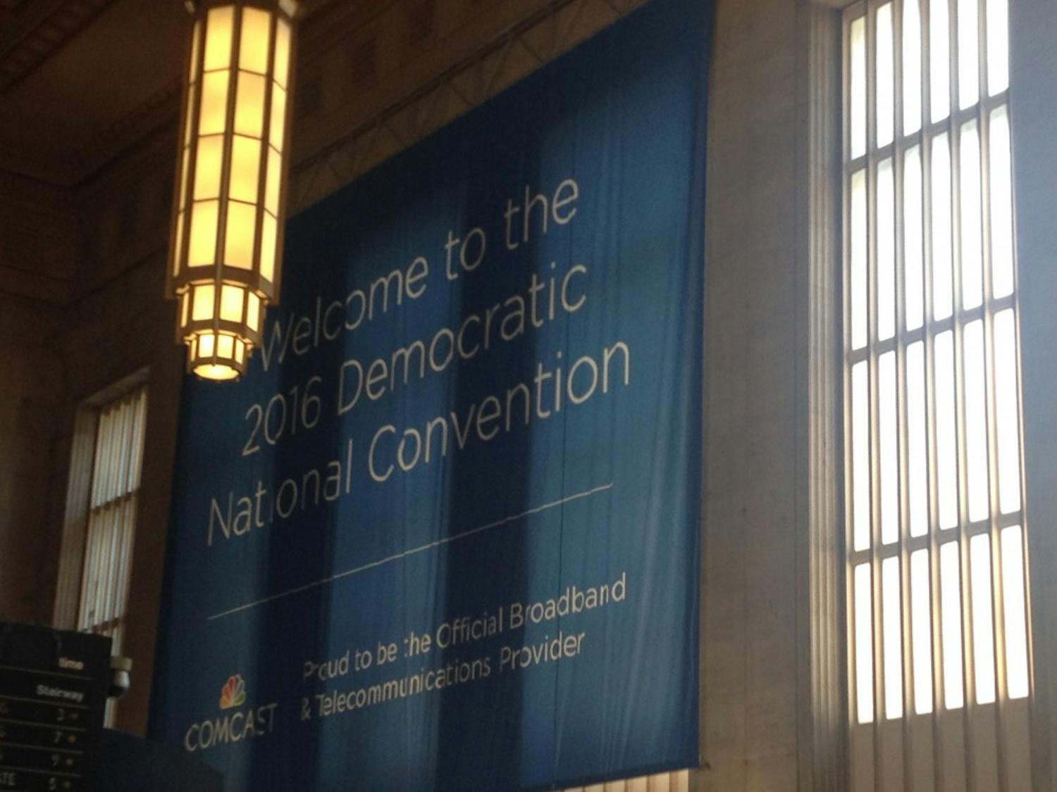 A sign at the Philadelphia 30th Street Station welcomes visitors to the 2016 Democratic National Convention on July 25, 2016.