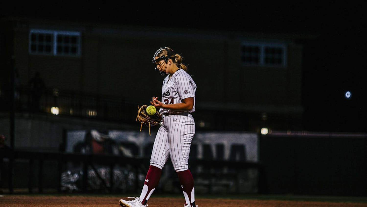 Fifth-year pitcher  Rachel Vaughan prepares her pitch at the start of the matchup between South Carolina and the College of Charleston at Beckham Field on February 15, 2023. The Gamecocks beat the Cougars 8-0. 