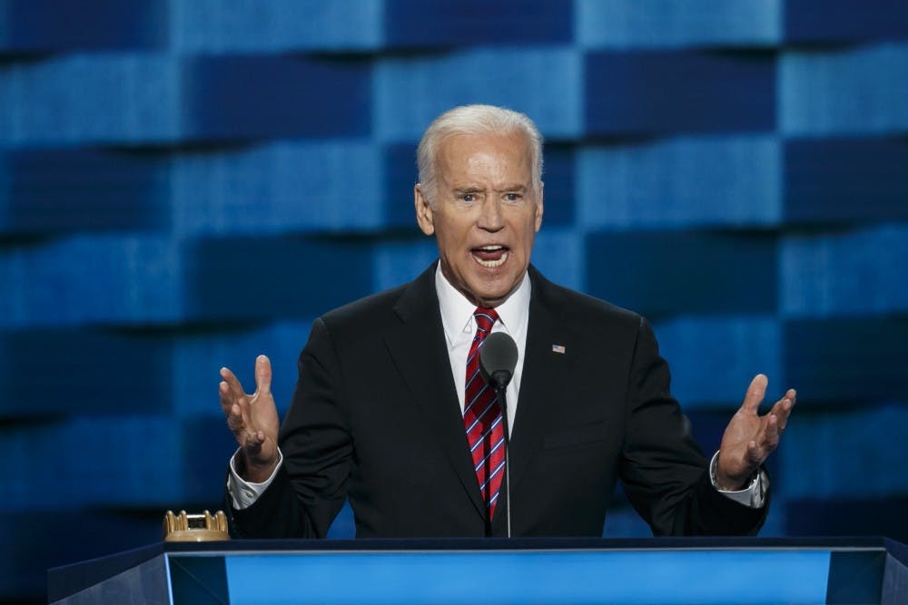 Joe Biden speaks at the 2016 Democratic National Convention in Philadelphia on July 27, 2016. (Marcus Yam/Los Angeles Times/TNS)