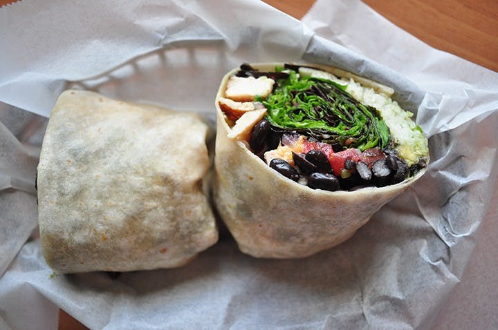 Beach BurritoIngredients: Roasted chicken breast, black beans, rice, sprouts, fresh guacamole, mango salsa and mixed greens