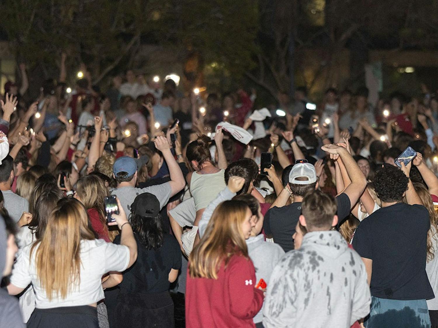 The sea of Gamecocks fans in the reflection pond waving their rally towels in front of Thomas Cooper Library. This follows the women's basketball team winning the national championship on April 3, 2022 in Columbia, SC.&nbsp;