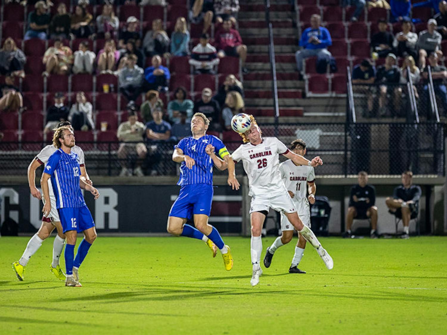 Junior forward Alex Luckhurst heads the ball during the South Carolina's game against Kentucky on Nov. 1, 2022. The Wildcats beat the Gamecocks 3-0.