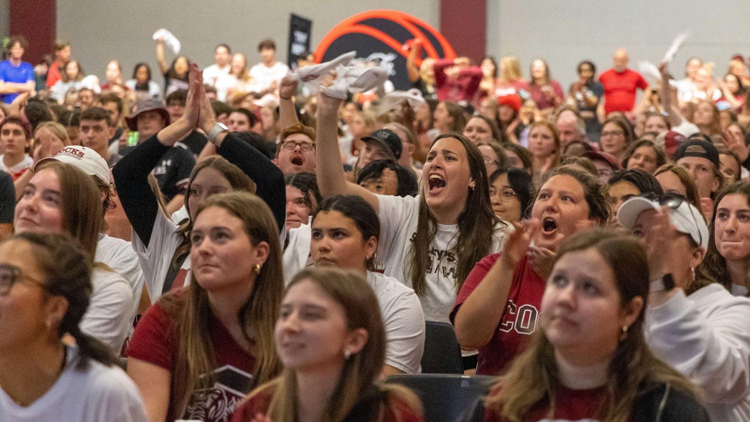 University of South Carolina students gather in the Russell House Student Union to cheer on the Gamecock women's basketball team during the final round of the NCAA Women's Tournament against Iowa on April 7, 2024. The Gamecocks claimed its third national title since 2017 with an 87-75 victory over the Hawkeyes.