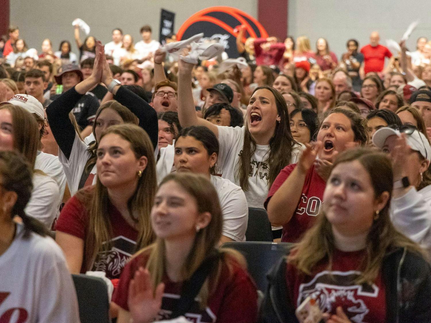 University of South Carolina students gather in the Russell House Student Union to cheer on the Gamecock women's basketball team during the final round of the NCAA Women's Tournament against Iowa on April 7, 2024. The Gamecocks claimed its third national title since 2017 with an 87-75 victory over the Hawkeyes.