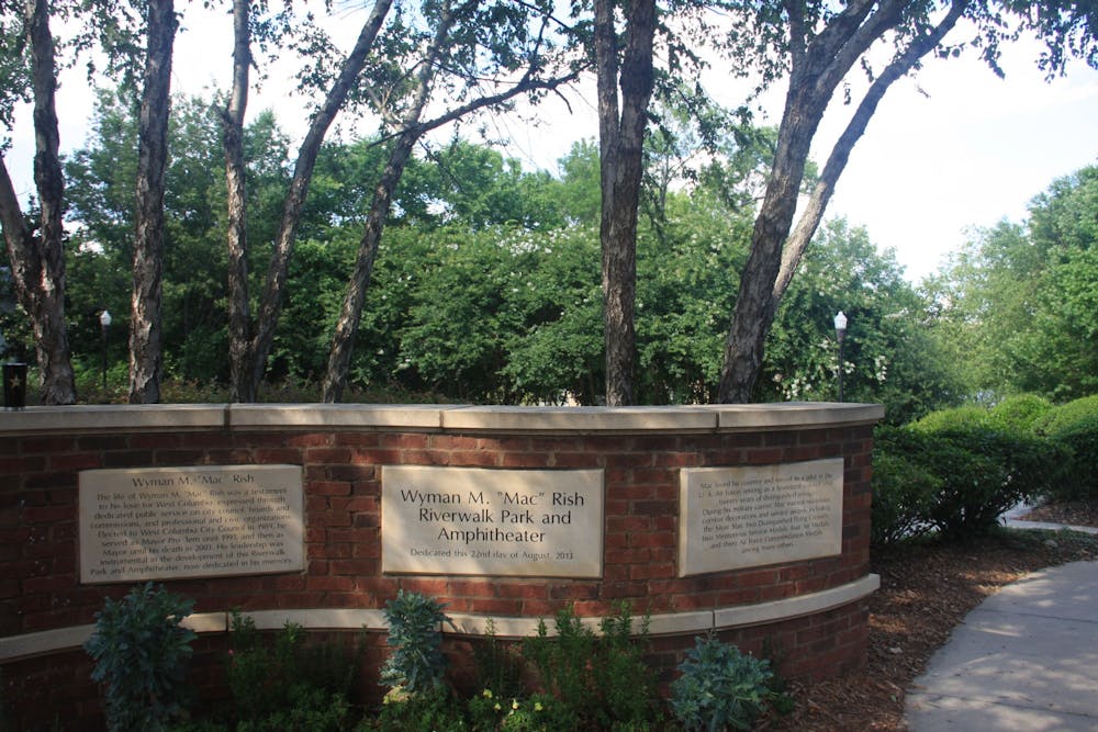 <p>The entrance to the West Columbia Riverwalk Park and Amphitheater on May 27, 2022. The park is a popular location for people to jog, walk dogs and enjoy the outdoors.</p>