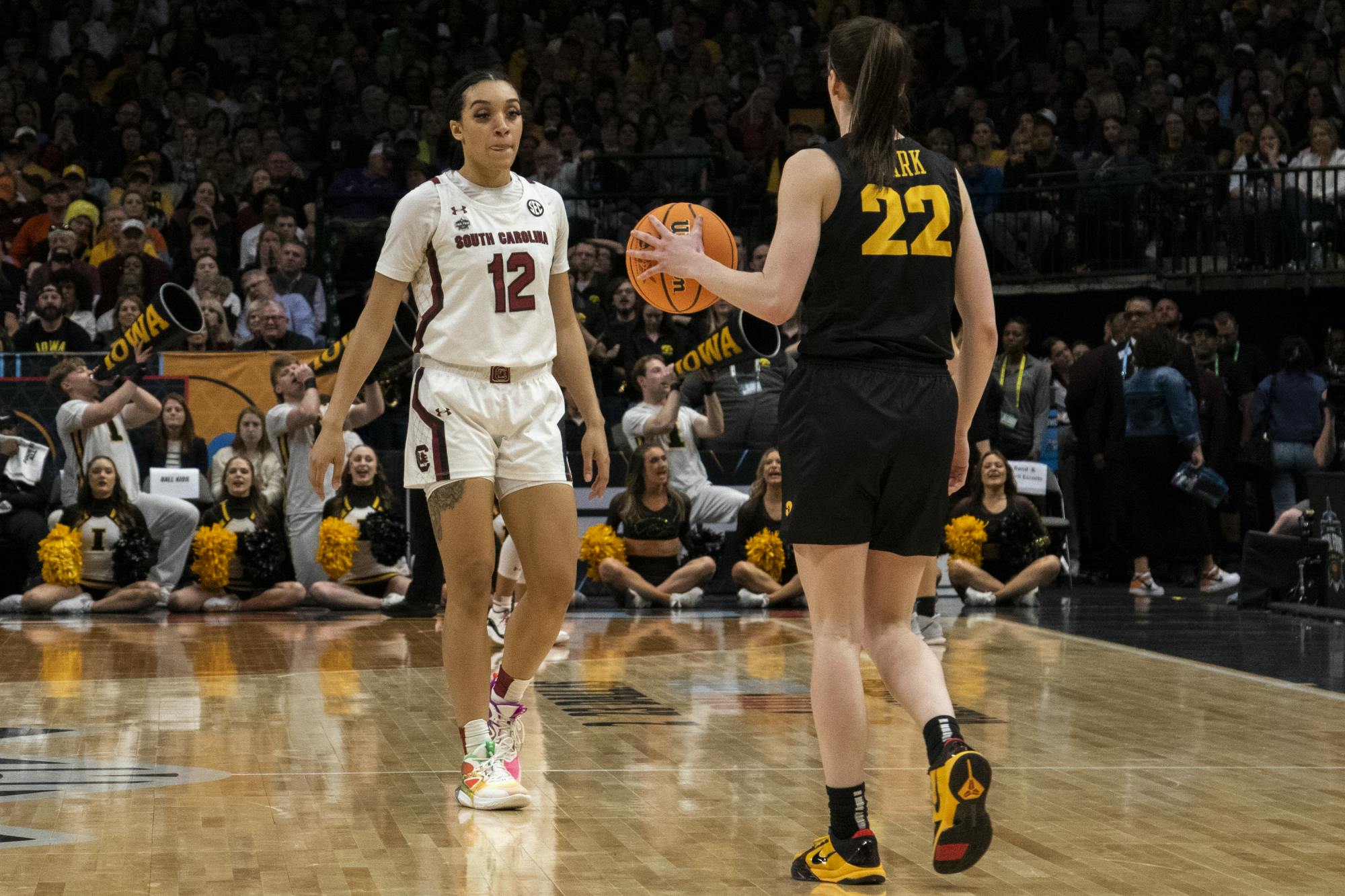 Beal prepares to defend Clark at the start of the second half of the Final Four match on March 31, 2023. Beal had significant playing time and defensive work against Clark, who scored for 19 of Iowa’s 38 points in the first half, three of which were 3-pointers.