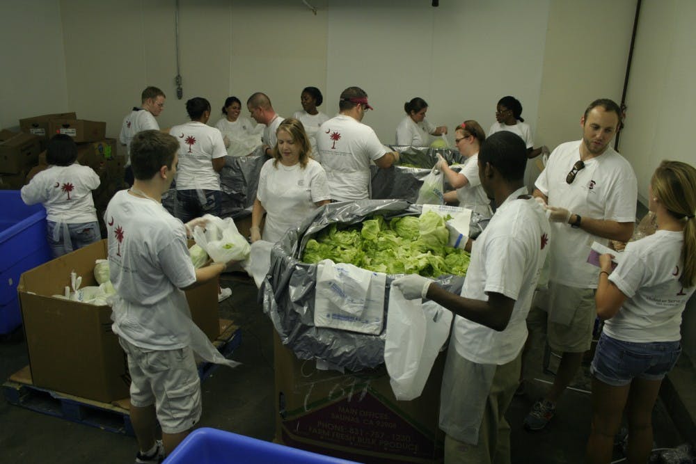 Students from USC School of Law help sort lettuce at Harvest Hope Food Bank during a service day