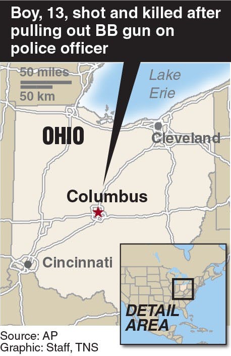Locator map of Columbus, Ohio where a boy with a BB gun was shot and killed by police.