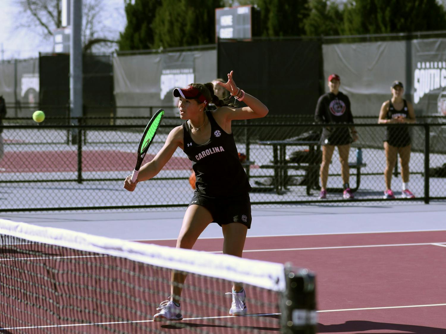 Freshman Emma Shelton hits a volley during a doubles match against Clemson on Jan. 30, 2020. Overall, the Gamecocks beat Clemson 6-1.