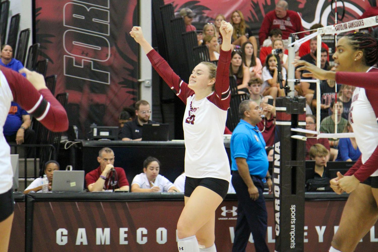 Junior outside hitter Riley Whitesides celebrates after winning a rally against Florida on Sept. 25, 2022.&nbsp;