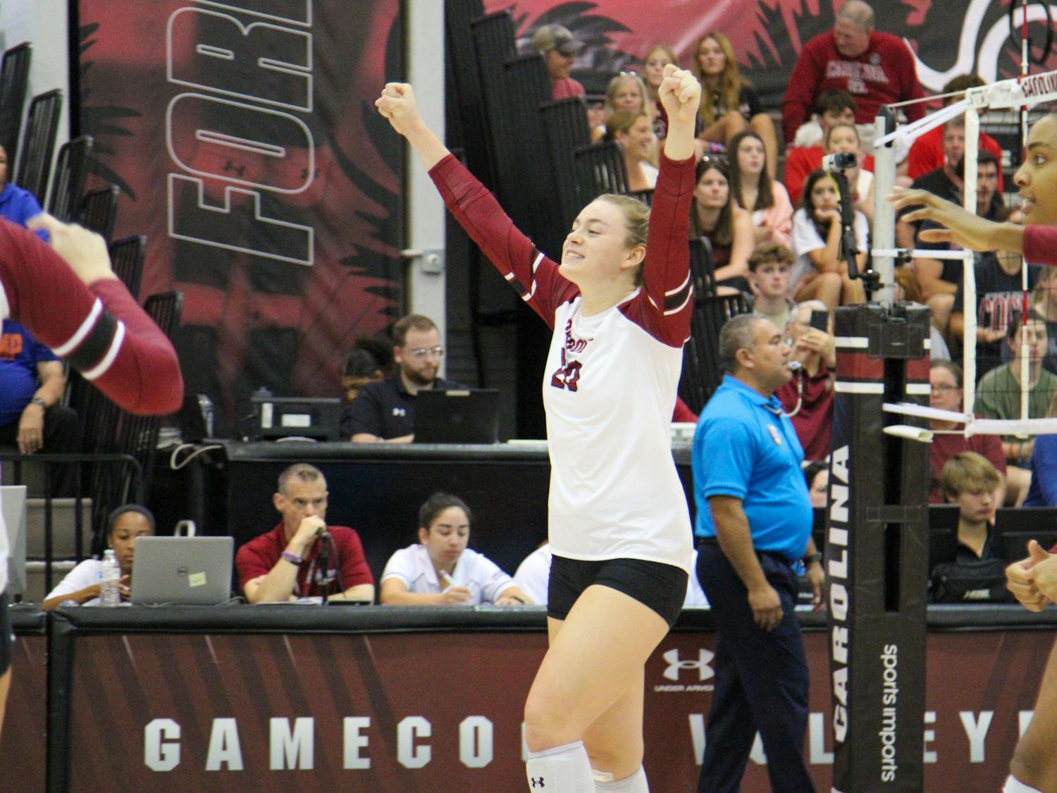 Junior outside hitter Riley Whitesides celebrates after winning a rally against Florida on Sept. 25, 2022.&nbsp;