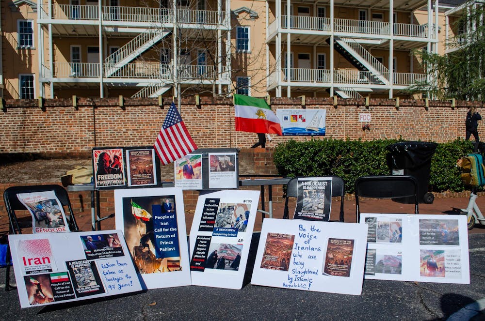 <p>A demonstration in support of protestors in Iran takes place outside the Russell House on Greene Street in Columbia, South Carolina, on Jan. 15, 2026. Signs accuse the Islamic Republic of genocide and support the return of Crown Prince Reza Pahlavi, who is in exile in the United States.</p>