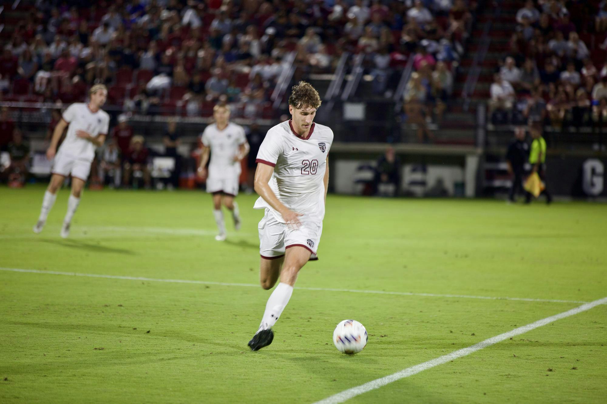Sophomore defender Yvan Malarte advances the ball up the sideline during the Gamecocks’ match against UCF on Oct. 3, 2025, at Stone Stadium. South Carolina looked to create scoring chances late in the first half.