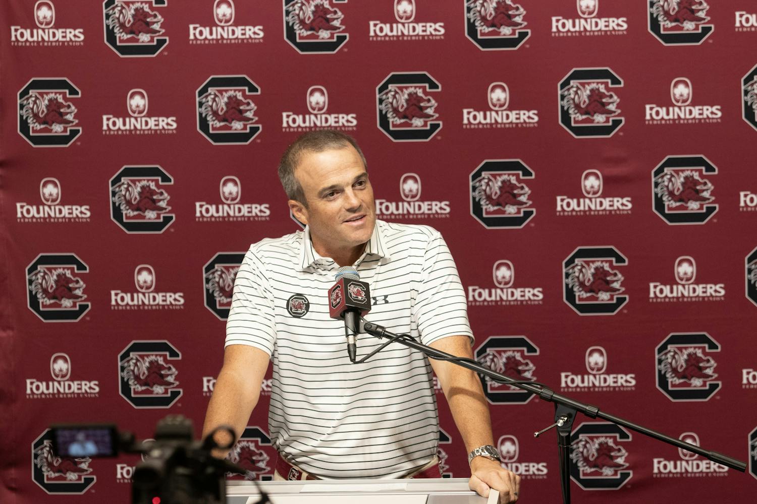 FILE — South Carolina football head coach Shane Beamer holds a press conference prior to the team’s match up against North Carolina on Aug. 29, 2023. The match up was the fall season opener for ESPN College Gameday in Charlotte, N.C.