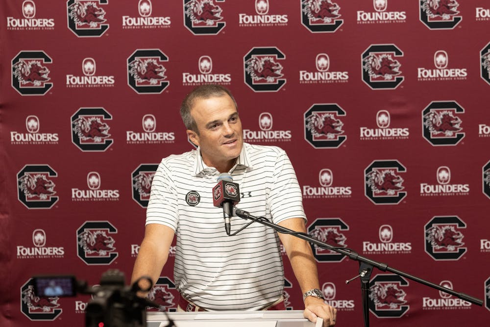 <p>FILE — South Carolina football head coach Shane Beamer holds a press conference prior to the team’s match up against North Carolina on Aug. 29, 2023. The match up was the fall season opener for ESPN College Gameday in Charlotte, N.C.</p>
