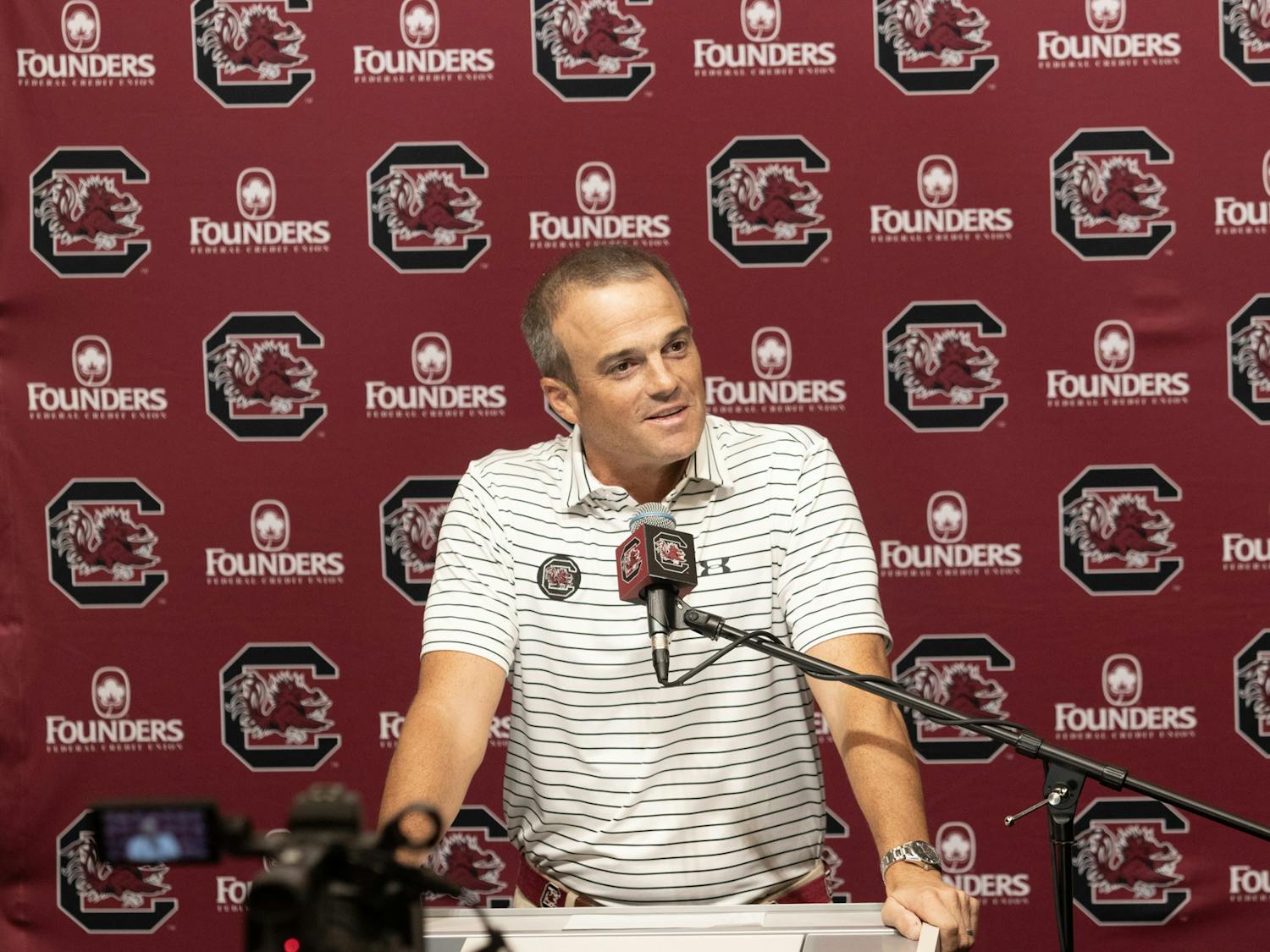 FILE — South Carolina football head coach Shane Beamer holds a press conference prior to the team’s match up against North Carolina on Aug. 29, 2023. The match up was the fall season opener for ESPN College Gameday in Charlotte, N.C.