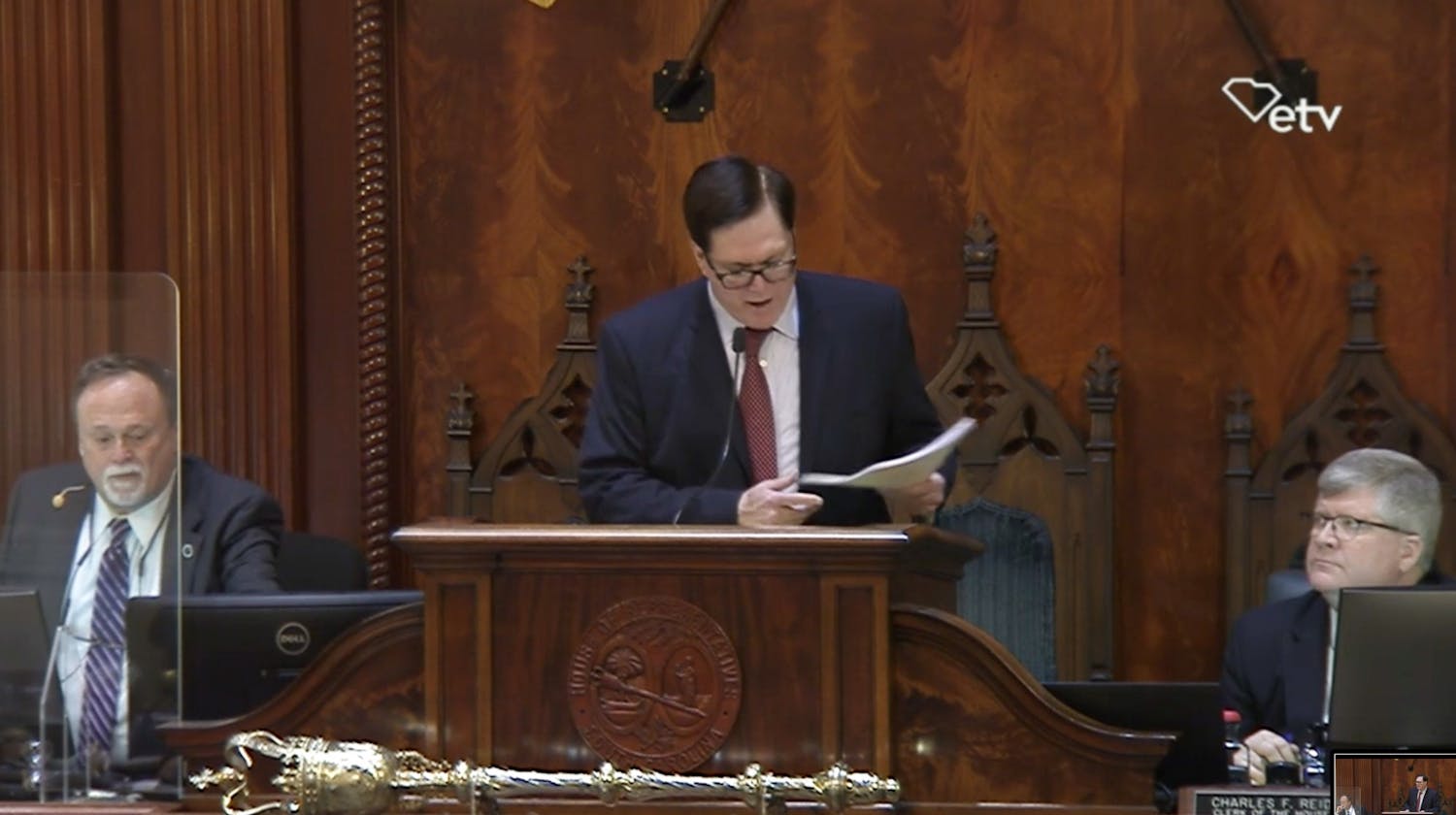 Speaker of the House, Jay Lucas, conducts vote to get the H. 5198 bill presented to the house floor during a meeting on April 5, 2022. &nbsp;The ɫɫƵ House of Representatives passed bill&nbsp;H. 5198, which would restructure the ɫɫƵ board of trustees.