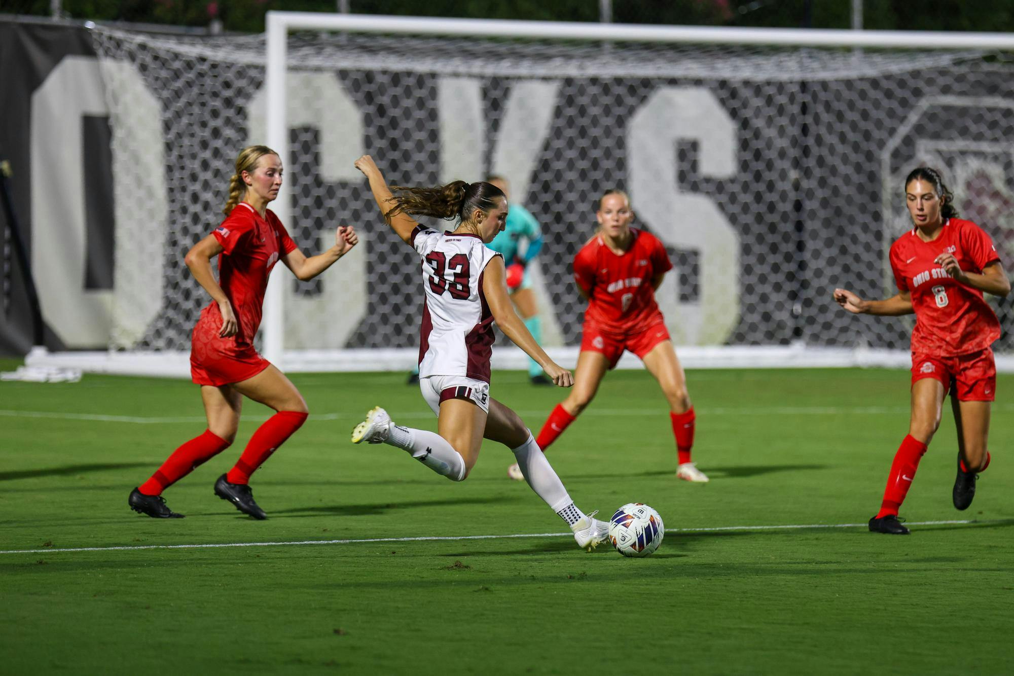 FILE — Sophomore defender Madden McDonald kicks the ball towards the goal during a game against Ohio State at Eugene E. Stone III Stadium on Aug. 21, 2025. The Gamecocks is 6-0-1 on the season.