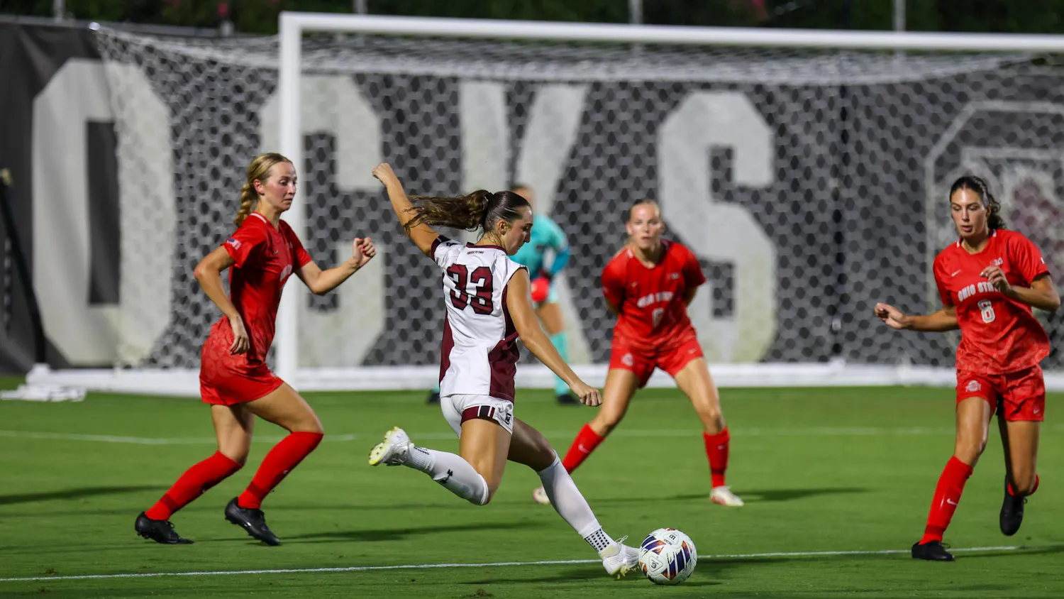 FILE — Sophomore defender Madden McDonald kicks the ball towards the goal during a game against Ohio State at Eugene E. Stone III Stadium on Aug. 21, 2025. The Gamecocks is 6-0-1 on the season.